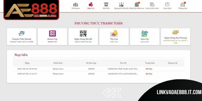 Chọn phương thức nạp tiền AE888 rồi nhập thông tin