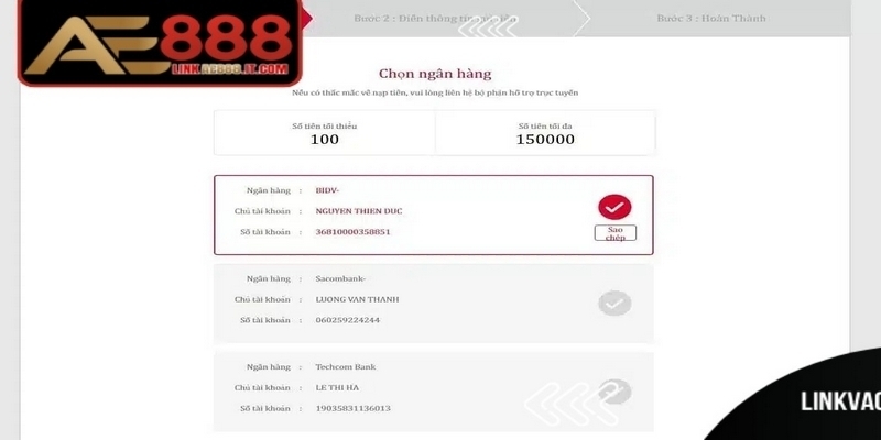 AE888 hỗ trợ đa dạng phương thức nạp tiền như chuyển khoản ngân hàng